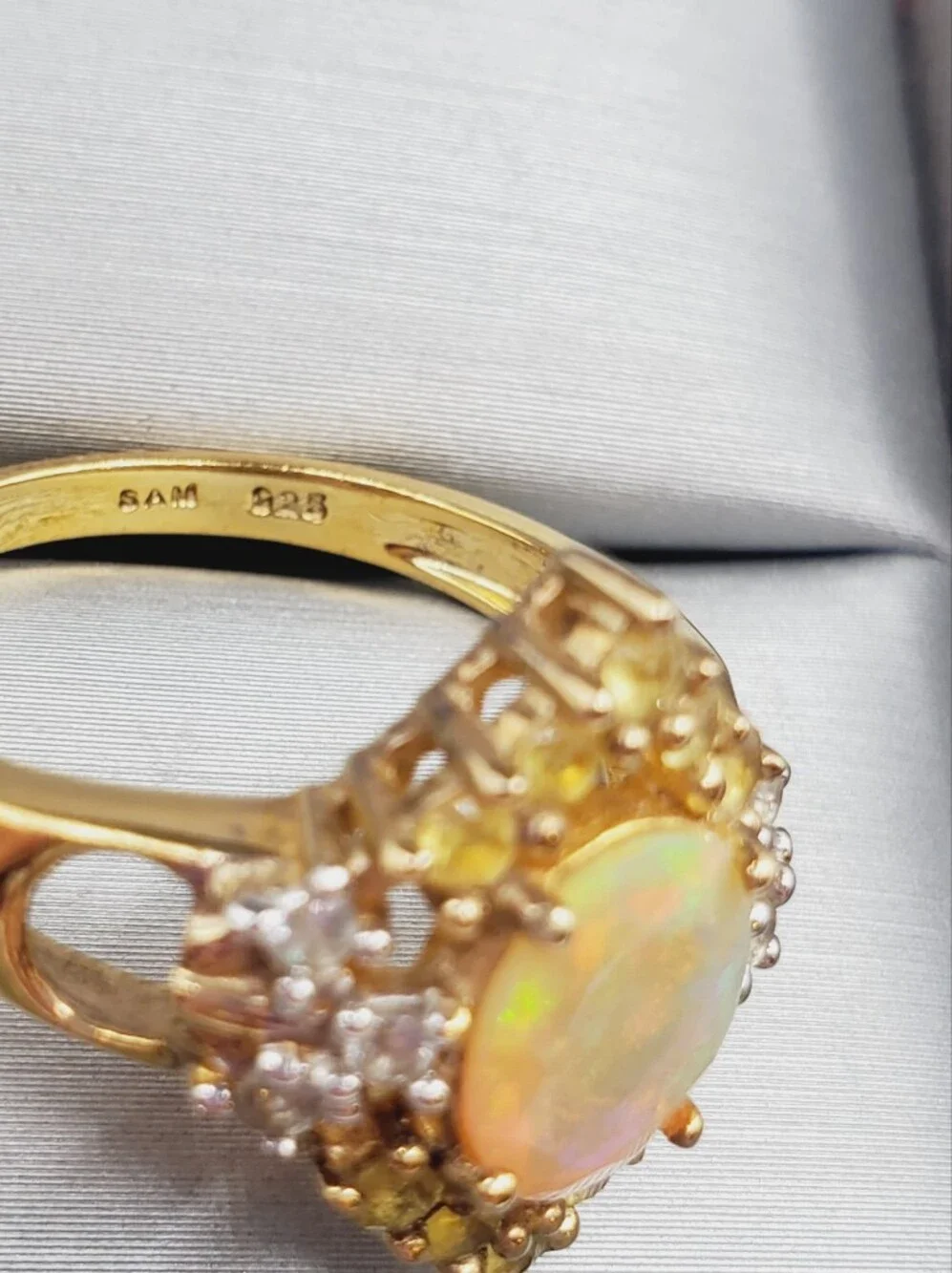 Genuine Faceted Opal Yellow Gold - 925 Sterling Silver Ring